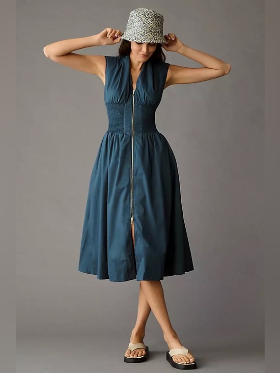 Anthropologie Dresses & Skirts - Anthropologie Tommie Zip Front Midi Dress Blue Size Small Cotton Cap Sleeve